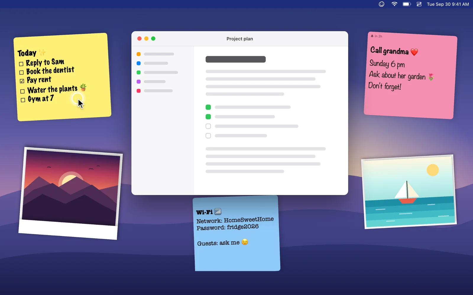 A Mac desktop with sticky notes and photos around an app window