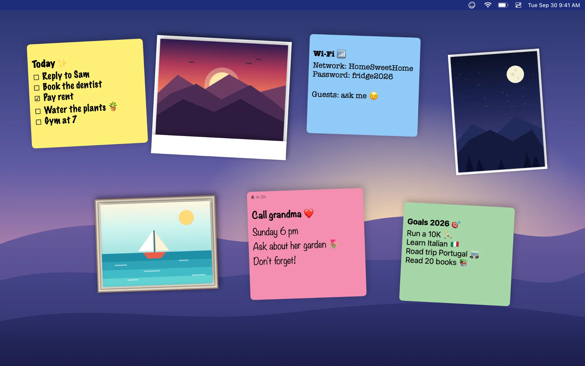 A Mac desktop with sticky notes and framed photos pinned on the wallpaper
