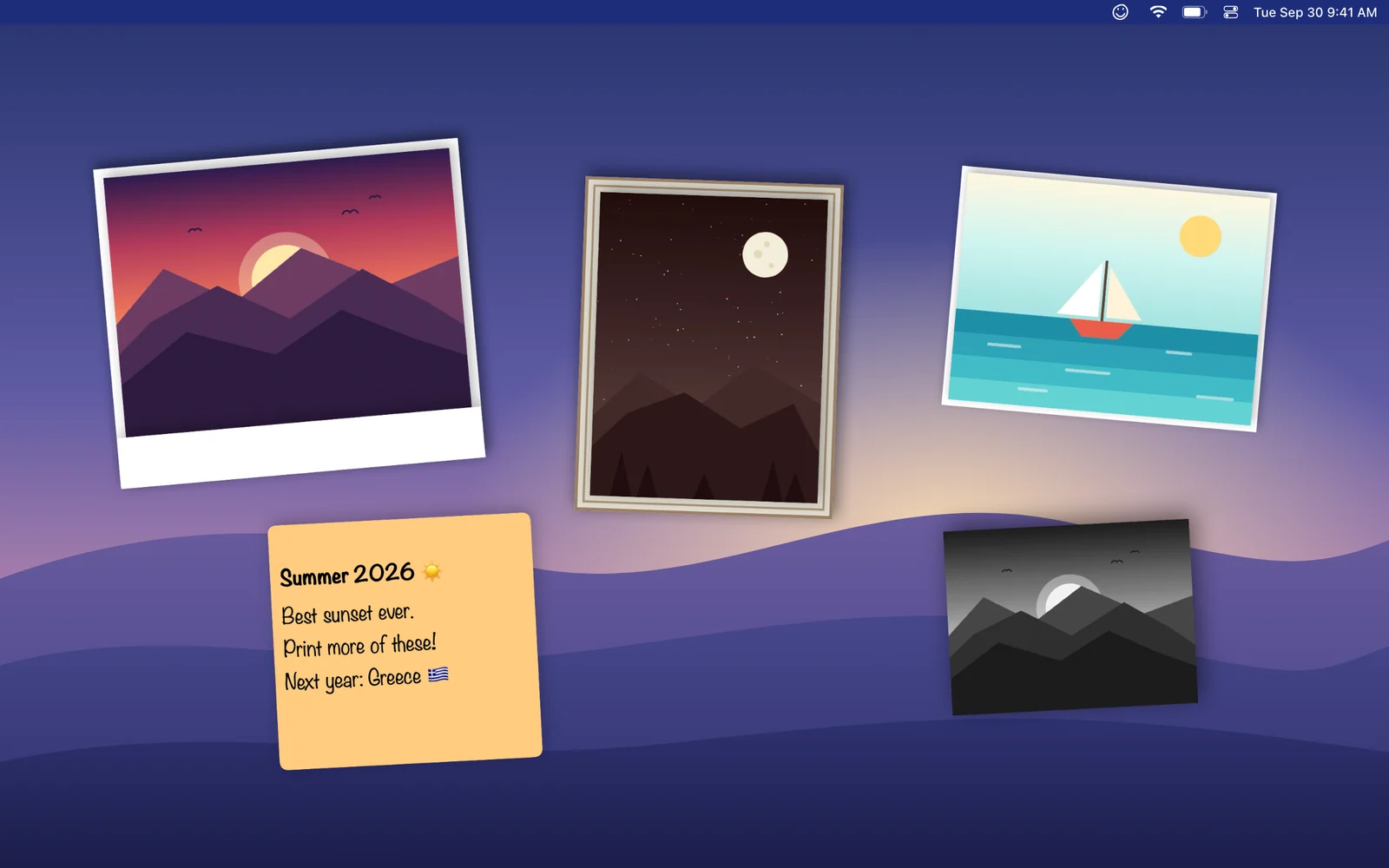 Framed photos with polaroid and vintage borders on a Mac desktop